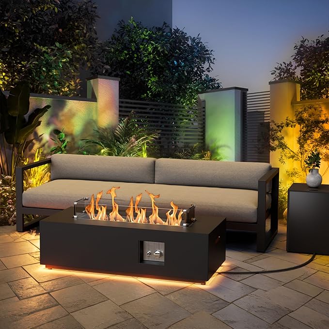 SUNPEAK 42" Propane Fire Pit Table with LED Light - 50,000 BTU with Wind Guard, Lid, Rocks and Cover - Propane Fireplace Table - Gas Fire Pits for Patio and Deck (Black/Golden Light, 42" LED)