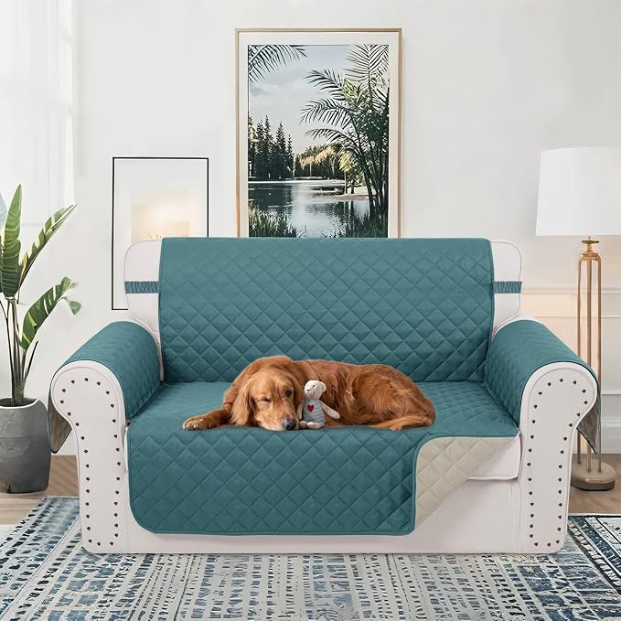 Reversible Loveseat Couch Sofa Covers, 2-Seater, Blue | Loveseat Covers for Dogs Water Repellent, Friendly Furniture Protector with Elastic Straps for Living Room