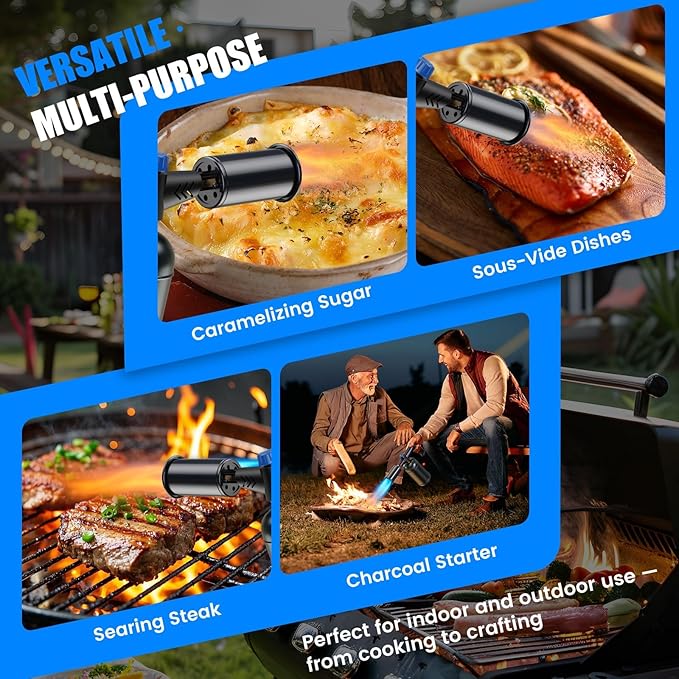Propane torch with Ergonomic handle, One-Touch Ignition, Adjustable Flame, Propane torch gun with One-Piece Safety Design Ideal for Grill & Cooking, Sous Vide, Searing Steak, BBQ, Campfire Starter