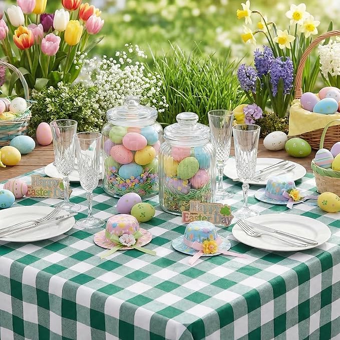 B-COOL Plaid Tablecloth Green White Easter St Patricks Day Checker Table Cloth Buffalo Rectangle Desk Cloth for Party Festival Indoor Outdoor Picnic Dinner Decor 56x120 Inch