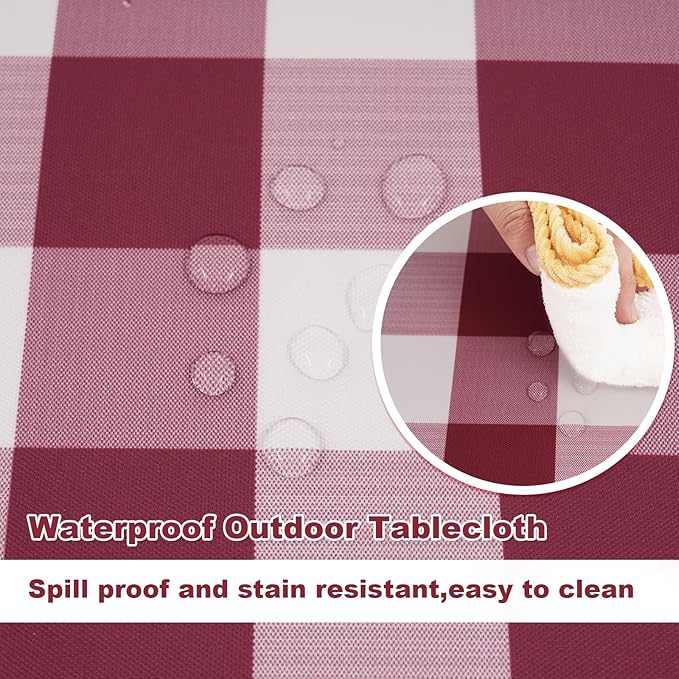 SquarePie Round Outdoor Tablecloth with Umbrella Hole - 70 Inch Water Resistant & Spillproof Table Cloth,Zipped Patio Picnic Table Cover for Camping/Picnic/BBQs/Backyard,Burgundy Red Plaid