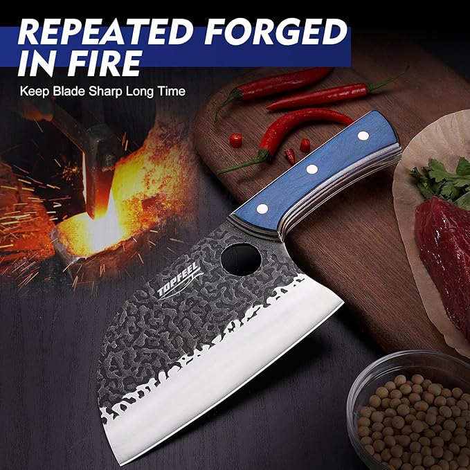 6.8Inch Serbian Chef Knife- Butcher Knife Meat Cleaver Set for Cooking, Chopping. Kitchen Knives with Leather Sheath for Home, Camping, BBQ