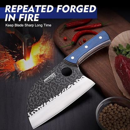 6.8Inch Serbian Chef Knife- Butcher Knife Meat Cleaver Set for Cooking, Chopping. Kitchen Knives with Leather Sheath for Home, Camping, BBQ