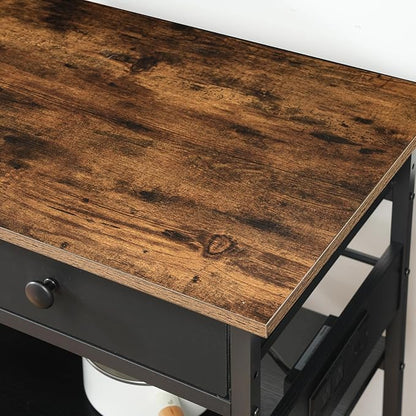 HOOBRO Kitchen Island with Storage, Rolling Island Cart for Kitchen with 2 Drawers & Outlet, 3 Tier Coffee Station and Microwave Stand, Kitchen Island Table for Home, Rustic Brown and Black FB08UZD01