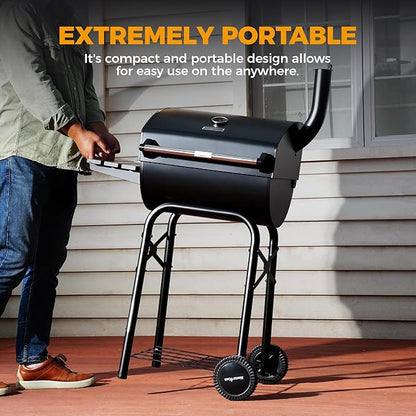 MASTER COOK Barrel Style Charcoal Grill with Side Table, Adjustable Charcoal Tray, Air Vent and Warming Rack, Smoke bbq Grill for Outdoor Patio Backyard and Camping