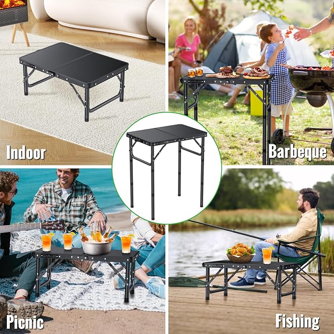 GARLLEN 2ft Folding Camping Table Max Capacity 66lbs, 3 Adjustable Height Folding Grill Table with MDF Tabletop, Lightweight Folding Tables for BBQ, Travel, Picnic, 22.8" L x 15.7" W