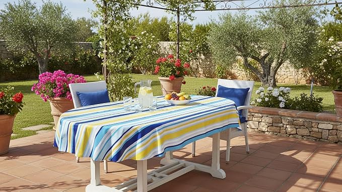 Newbridge Sun Wave Beach Stripe Flannel Back Vinyl Tablecloth - Navy, Yellow, White and Blue Wavy Striped Vinyl Indoor/Outdoor Waterproof, Patio, BBQ Tablecloth, 60 Inch x 84 Inch Oval