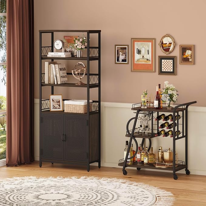 Rustic Bar Cart, 3 Tier Rolling Bar Carts for The Home, Industrial Home Serving Cart with Wine Glass Holder, Wood Metal Liquor Trolley, Mobile Beverage and Drink Carts (Walnut Brown)