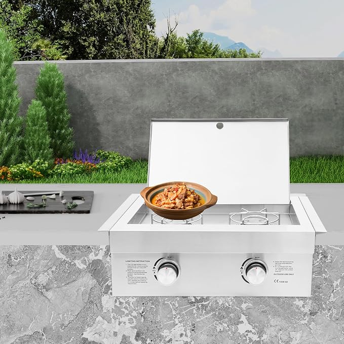 2-Burner Propane Gas Stove, 3.5KW Grilling Side Burners, 304 Stainless Steel Gas Stove with Cover Plate, Dual Knobs, for Patio BBQ, Backyard Cooking, Camping, Frying, Boiling