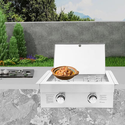 2-Burner Propane Gas Stove, 3.5KW Grilling Side Burners, 304 Stainless Steel Gas Stove with Cover Plate, Dual Knobs, for Patio BBQ, Backyard Cooking, Camping, Frying, Boiling