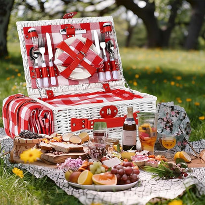 Wicker Picnic Basket Set for 4, Blanket, Cooler Bag, White and Red | Four-Person Wicker Set Includes Tableware, Insulated Food Storage and Waterproof Blanket for Parks, Camping, Dates and Gifts