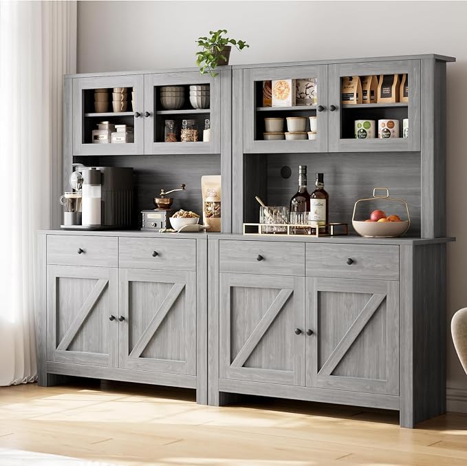 IDEALHOUSE 63" Kitchen Pantry Cabinet with Drawers, Hutch Cabinet with Storage, Microwave Stand, Adjustable Shelves, Freestanding Tall Pantry Storage for Dining Room, Living Room, Grey
