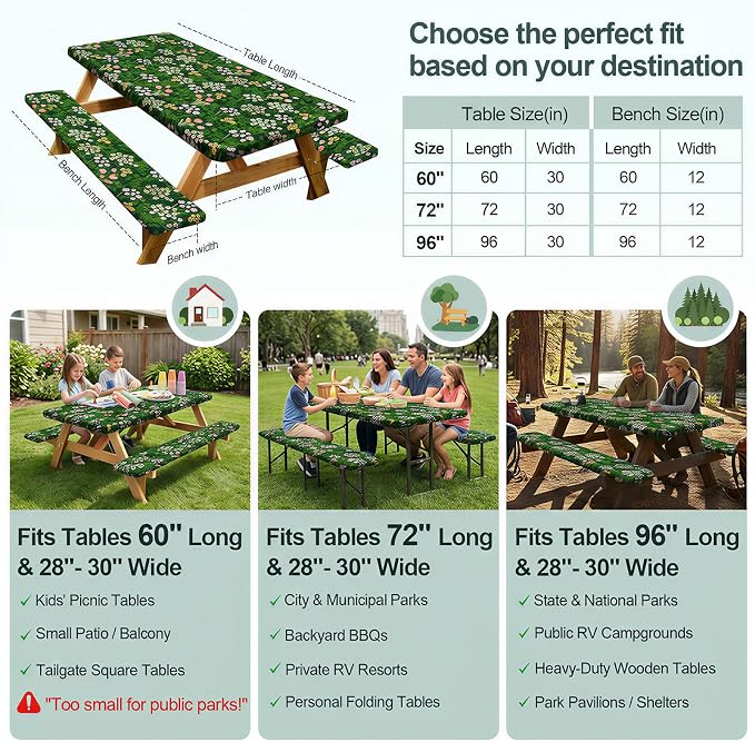 Picnic Table Cover Bench Covers Camping Essentials Tablecloth | Waterproof Vinyl for Outdoor, Windproof Elastic Fitted Edges, RV BBQ Accessories Must Haves, Storage Bag Included