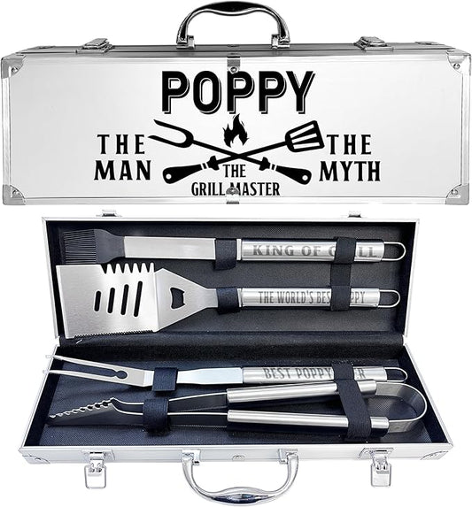 Poppy Gifts, Poppy Gifts for Grandpa from Grandkids Fathers Day Heavy Duty Grilling Accessories Kit for Backyard BBQ, Thick Stainless Steel Grill Utensils with Non-Slip Handle Tool for Man on Birthday