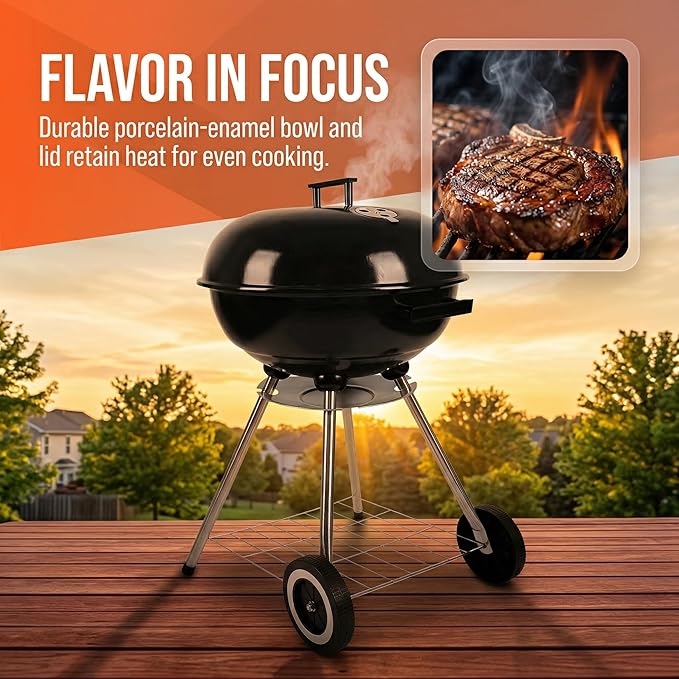 18 Inch Kettle Grill, Portable Charcoal Grill with Enamel Lid & Ash Catcher for Outdoor Camping and Small Patio Backyard