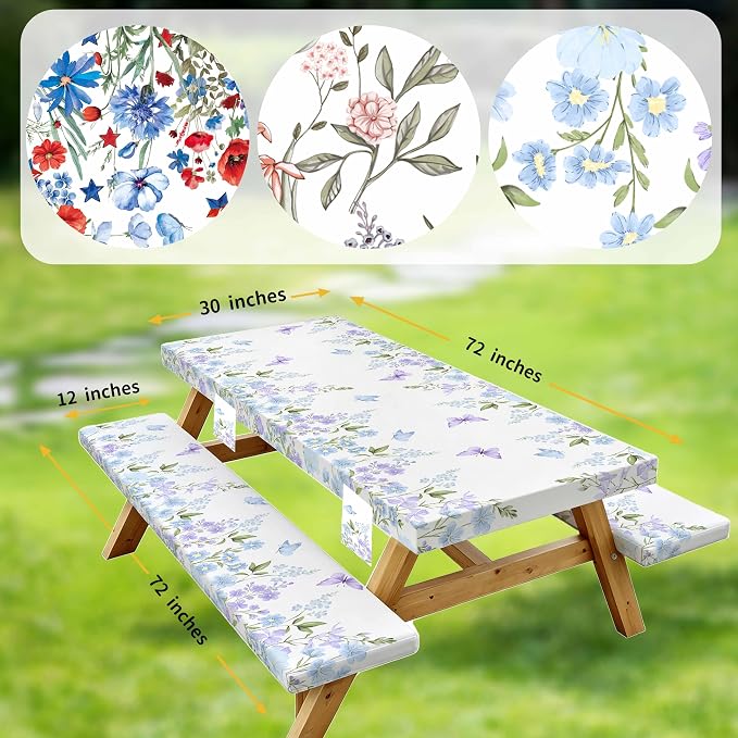 Fitted Picnic Table Cover with Bench Covers Elastic Waterproof Oil-Proof VintageTablecloths for 6 Foot Rectangle Tables Dining Outdoor Patio Camping Essentials