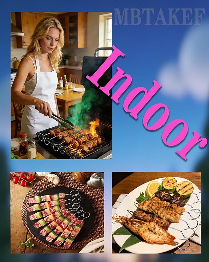 8 Inch Metal Skewers for Grilling(12 PCS),2.5mm Thickened Stainless Steel Kabob Skewers,Reusable Barbecue Skewer Sticks for Turkey, Meat,Shrimp,Chicken,Vegetable