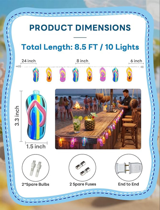Abeja Summer Slipper String Lights, 8.5Ft Outdoor Hawaiian Tropical Decoration Lights with 10 Multicolor Slipper Lights, Ocean Themed Decorative Lights for Bedroom Camping Decks Party Lighting