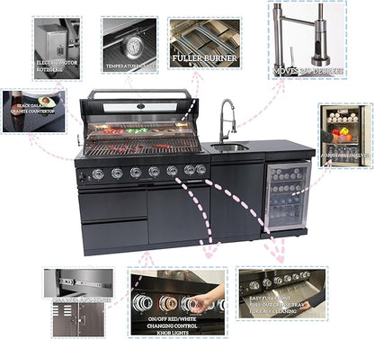 82" Natural Gas Outdoor Kitchen Island - 43-Inch 6-Burner 85,000 BTU Deluxe Stainless Steel Grill Wine Cooler Compact Refrigerator Rotisserie Granite Countertops/Sink,Black