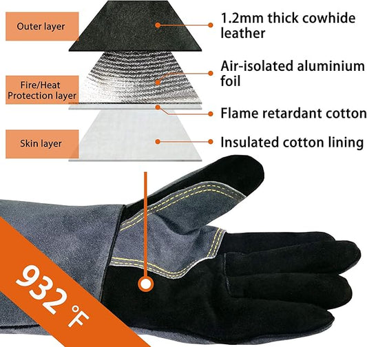 WZQH 14 Inches,932℉,Leather Welding Gloves small, Heat/Fire Resistant,Small Mitts for BBQ,Oven,Grill,Fireplace,Tig,Mig,Forge,Baking,Furnace,Stove,Pot Holder,Animal Handling Glove.S Black-gray