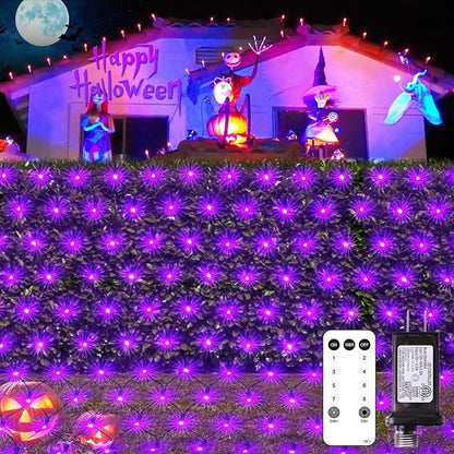 JMEXSUSS 360 LED Halloween Net Lights, Purple, 12ft x 5ft | Outdoor Waterproof, Connectable, Plug in, Mesh Lights with Remote for Bushes Shrubs Christmas Halloween Decorations