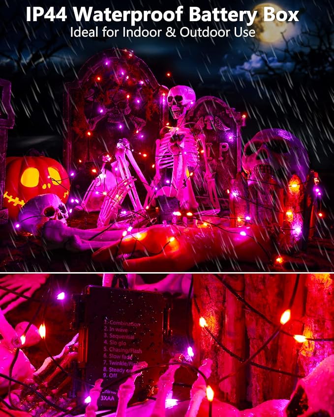 Brizled 2 Pack 50 LED Purple & Orange Halloween Lights Battery Operated | 8 Modes Twinkle Halloween Lights with Timer, Spooky Orange and Purple Halloween Fairy Lights Black Wire Indoor Outdoor Tree