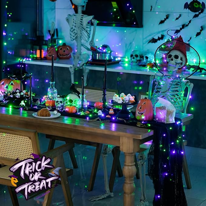 JMEXSUSS 250 LED Halloween Lights Plug in, Purple and Green String Light | Connectable, Durable, Indoor/Outdoor, Waterproof, 8 Modes, Timer, for Halloween Tree Party Garden Patio Decorations