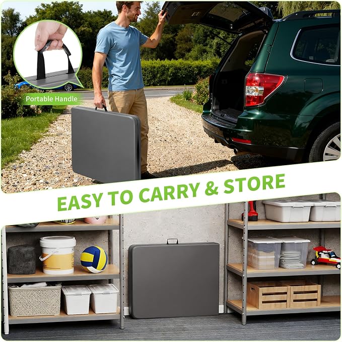 BestOffice 6 FT Picnic Table, Portable Plastic Folding Table with Carrying Handle Perfect for Picnics, Parties, Party and Camping, Grey