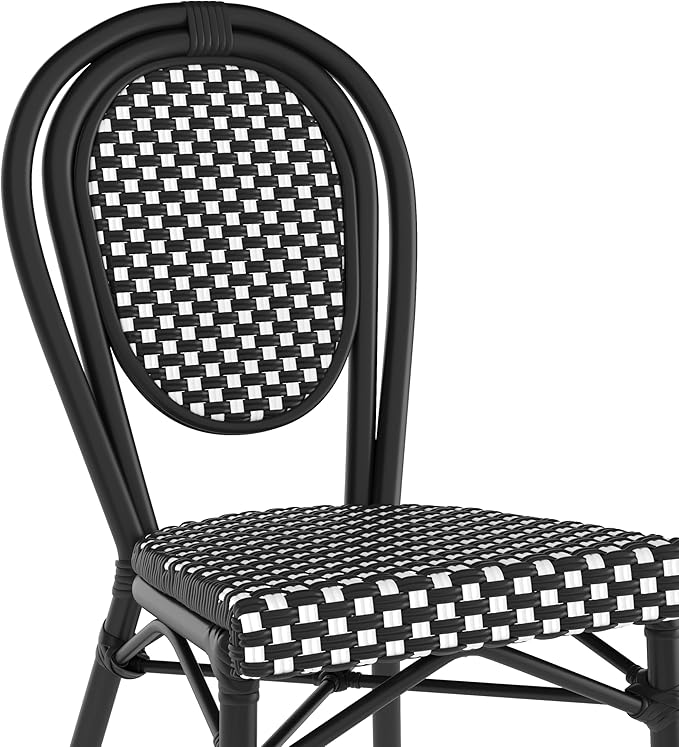 Flash Furniture Lourdes Indoor/Outdoor Commercial Thonet Bistro Stack Chair - Black/White PE Rattan Back and Seat - Black Metal Frame