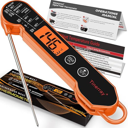 Professional Digital Meat Thermometer Instant Read Waterproof – Folding Probe Food Thermometer with Backlight & Calibration, Fast Read for BBQ, Grill, Deep Fry, Liquids, Gift for Chef (Orange)
