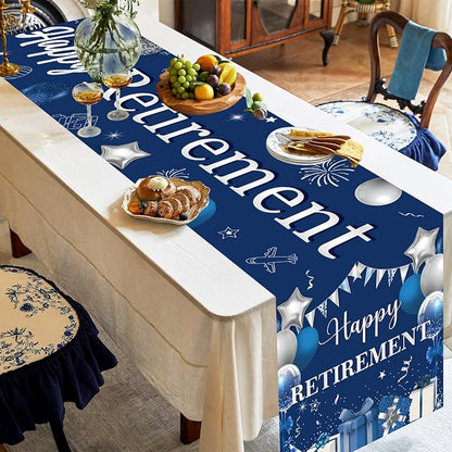 Happy Retirement Table Runner, Navy Blue Sliver Retirement Theme Linen Fabric Table Runner for Everyday Use 72 x 13 Inches, Washable Table Cover for Indoor Outdoor Kitchen Dining Table Decor