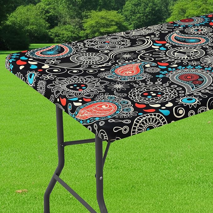 Smiry Spandex Fitted Tablecloth for 6 Foot Rectangle Tables, Washable Picnic Table Cover with Elastic, Stretch Reusable Table Cloth for Outdoor, Camping, Dining & Kitchen (Black Paisley, 30"x72")