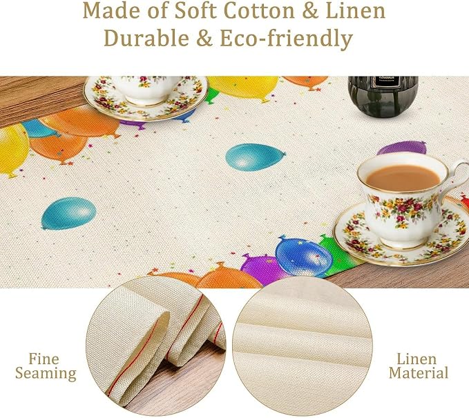 Happy Birthday Table Runner White Table Runner Balloon Confetti Pattern Celebrate Birthday Party Table for Outdoor Home Party 13x60 Inch