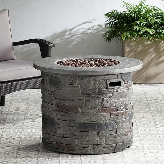 31'' Propane Fire Pit Table Hidden Tank Inside, 40,000 BTU Outdoor Round Gas Firepit with Auto-Ignition, Lava Rock for Patio Deck, Imitation Stone Concrete, CSA Certified, Gray
