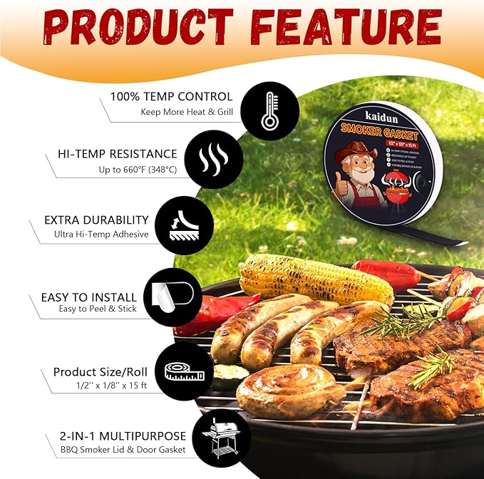 kaidun Smoker Gasket Seal, 15 Ft, 1/2" x 1/8", High Temp Gasket Material, BBQ Grill Felt, Easy to Peel, Black