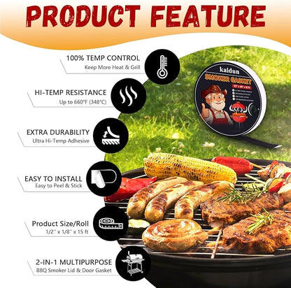 kaidun Smoker Gasket Seal, 15 Ft, 1/2" x 1/8", High Temp Gasket Material, BBQ Grill Felt, Easy to Peel, Black