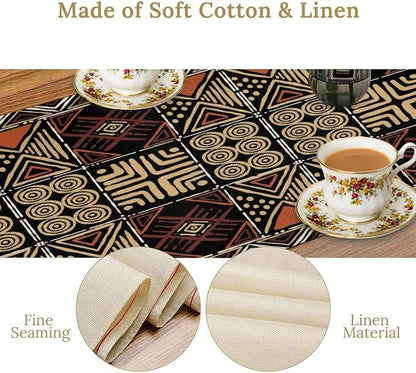 Vintage African Geometric Tribal Table Runner Colorful Abstract Africa Traditional Mud Pattern Seasonal Summer Holiday Dinner Runner for Farmhouse Dinner Table Party Decor Brown 13x70in