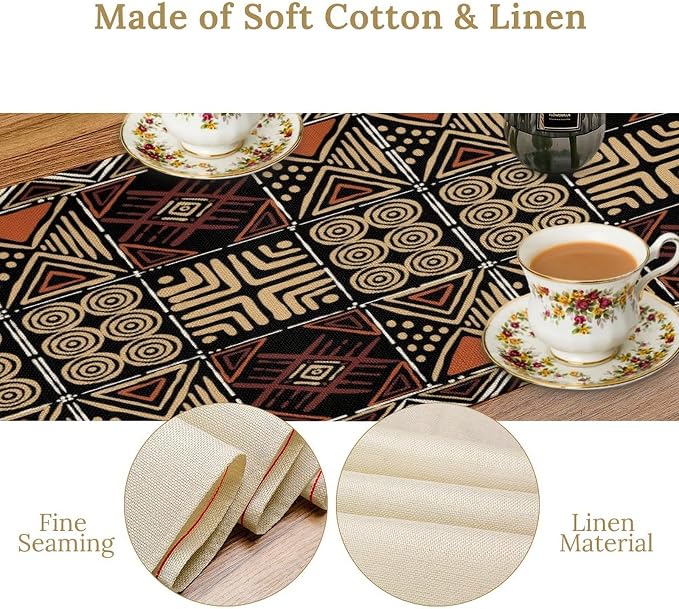 Vintage African Geometric Tribal Table Runner Colorful Abstract Africa Traditional Mud Pattern Seasonal Summer Holiday Dinner Runner for Farmhouse Dinner Table Party Decor Brown 13x90in