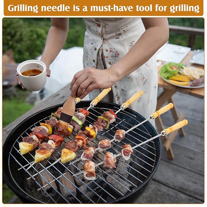 Minatee 16 Inch Kabob Skewer with Wood Handle for BBQ Camping Cookware Campfire Grill Cooking, Stainless Steel, Metal Skewers for Kabobs with Wood Handle (100 Pcs)