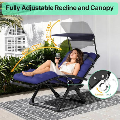 Suteck Zero Gravity Chair with Canopy, Reclining Camping Lounge Chairs | w/Removable Cushion, Upgraded Lock and Cup Holder, Folding Patio Recliner for Indoor and Outdoor，90°-170° Adjust
