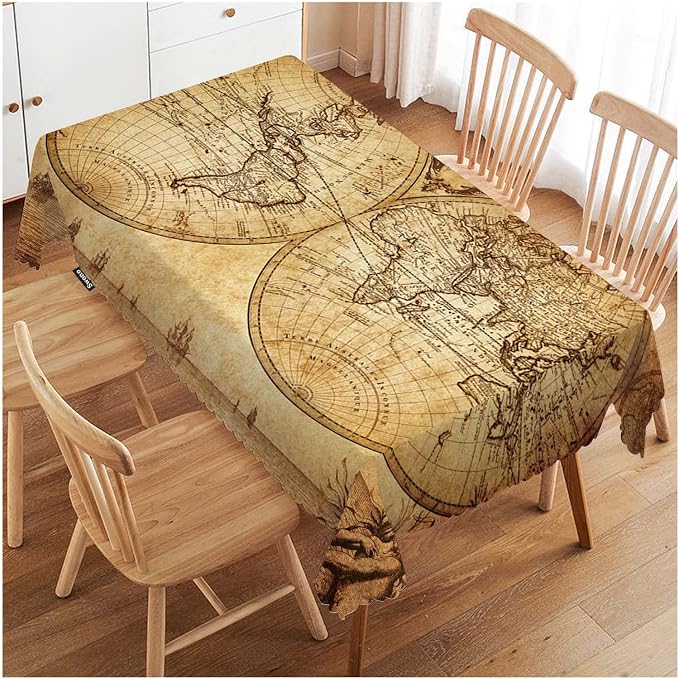 Swono Rectangle Tablecloth World Map Table Cover 52x70 Inch Vintage World Map Earth Global Geography Table Cloth for Rectangle Tables Decorative Tablecloth for Dining Party Camping BBQ