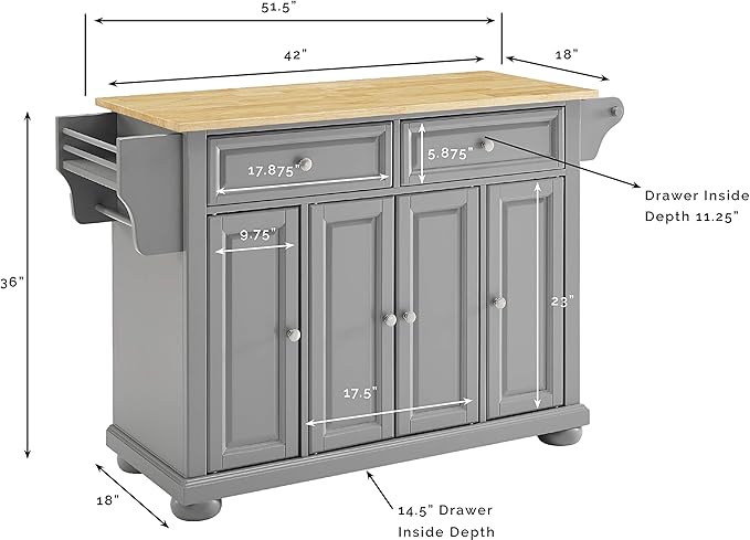 Crosley Furniture Full Size Wood Top Rolling Kitchen Island Storage Cart, Microwave Stand, Spice Rack, Gray