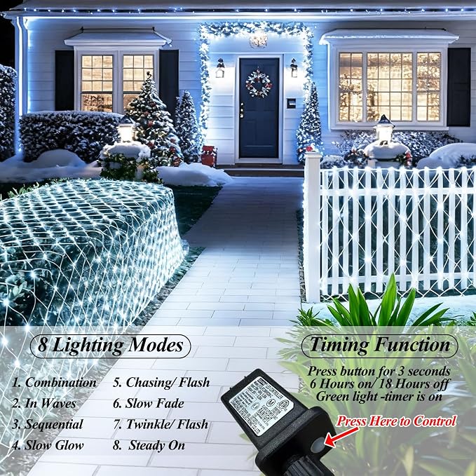 300 LED Net Lights for Bushes, 14.8ft x 5ft 8 Modes Christmas Outdoor Mesh Lights Connectable, Waterproof Decorative String Light Plug in for Xmas Tree Garden Wedding Party (Clear Wire, White)