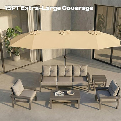 15FT Large Outdoor Patio Umbrella with Solar Lights and Base, Double-Sided Table Umbrellas with 48 LED Lights, Rectangle Market Umbrella for Pool, Deck, Backyard