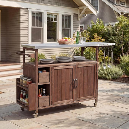 Christopher Knight Home Edsel Outdoor Bar Cart with Stainless Steel Top and Lockable Wheels, Solid Wood Outdoor Storage Cabinet, Kitchen Island Serving Cart for Poolside, Garden, Brown+Silver