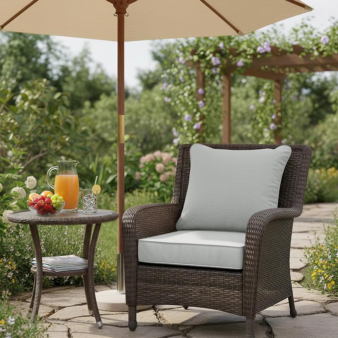 Summsun Patio Cushions for Outdoor Furniture, Faux Linen Water Resistant Backrest and Seat Cushion Set with Non-Slip Bottom, Straps, Removable Cover, 19 x 19 Inch, Light Grey