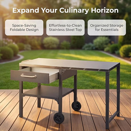 55” Outdoor Grill Table with Storage Cabinet & Folding, Metal | Stainless Steel Top Grill Cart for Kitchen with Wheels & Hooks, Kitchen Island Prep Table/Pizza Oven Table for BBQ Backyard
