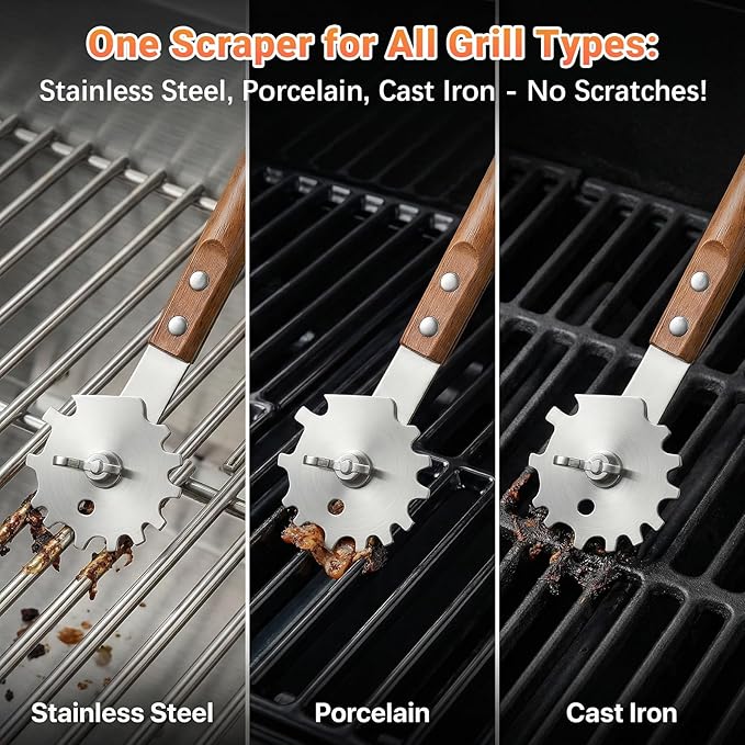 Grill Scraper with Adjustable Blade, 13 Notches Universal Bristle Free Grill Brush for Hot & Cold Grill Grates, Heavy Duty Stainless Steel Grill Cleaning Tool for Gas Charcoal Electric Grills