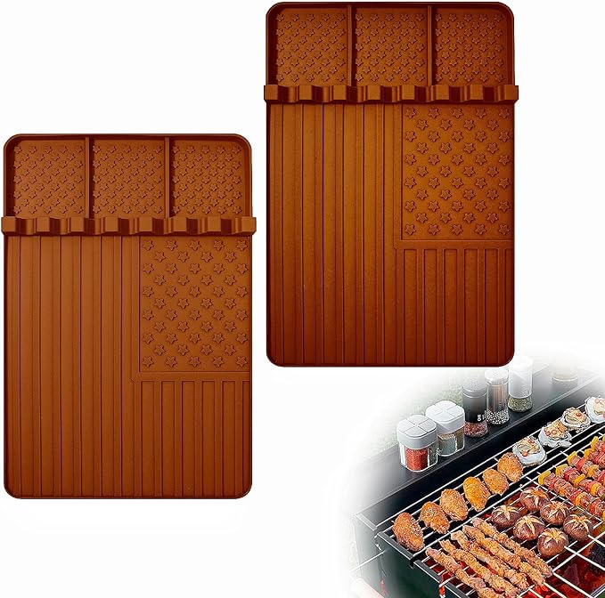 2 PCS Silicone Grill Mat Compatible with Blackstone, BBQ Griddle Tools Mat with Drip Pad, Spatula for Outdoor Kitchen Counter, Gifts for Men(brown-2)