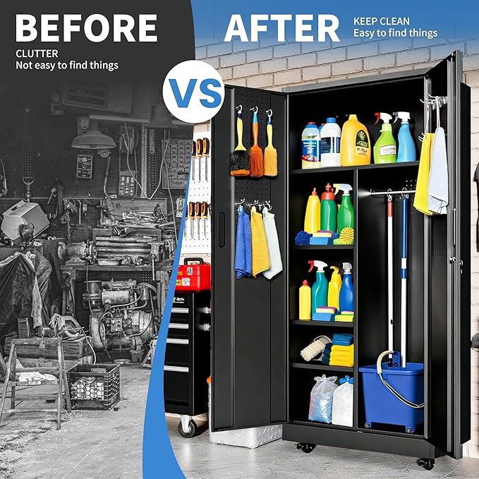 Metal Garage Storage Cabinet with Pegboard and Hanging Rod, 71'' Tall Metal Broom Closet Storage Cabinets, Rolling Tool Cabinet on Wheels for Garage, Utility Room (Black)